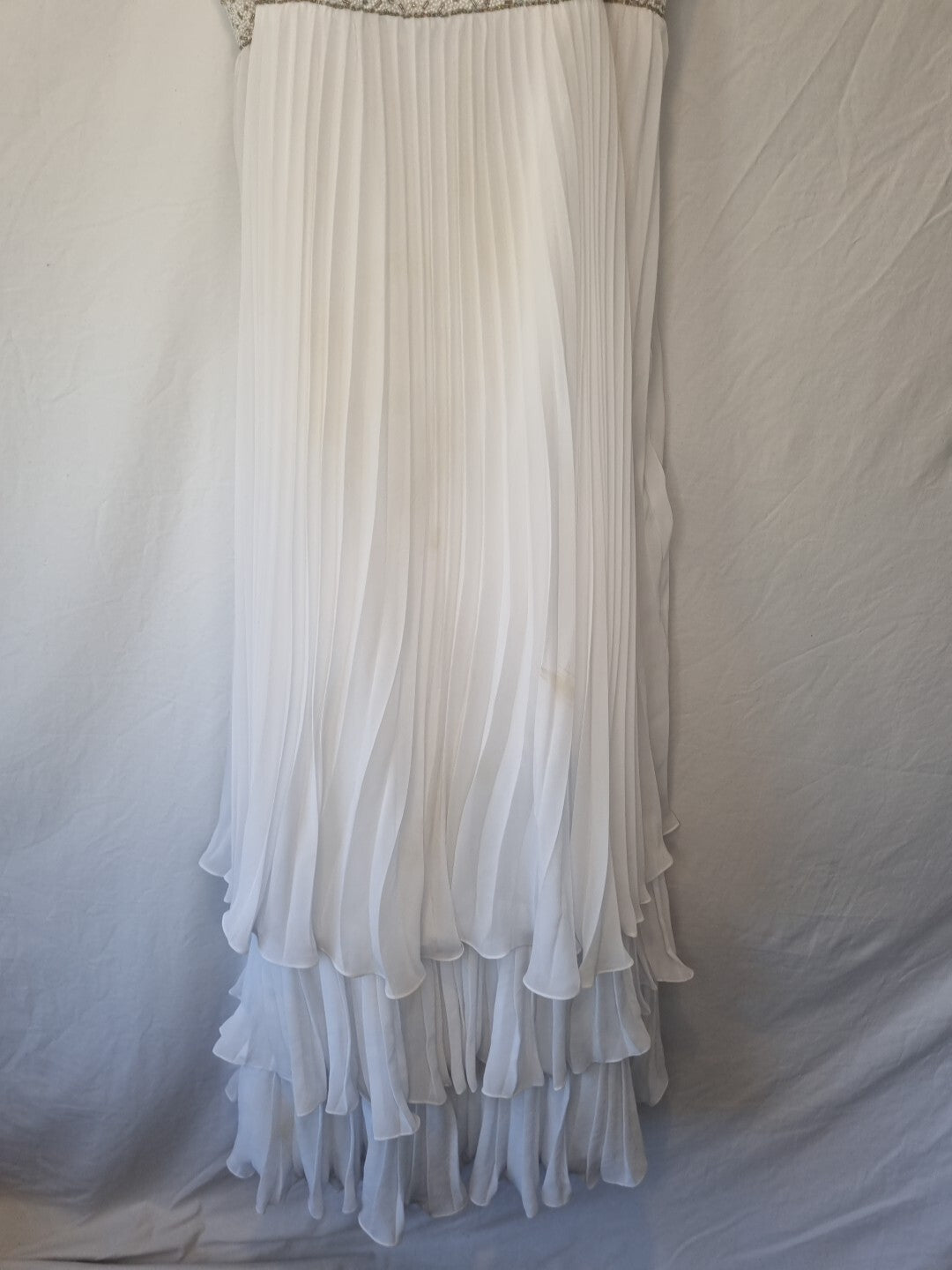 Imoda White Chiffon Pleated Beaded Tiered Strapped Wedding Dress Sz 101