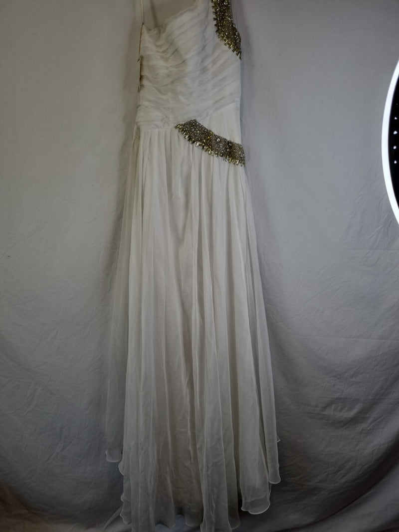 Imoda Ivory Chiffon One Shoulder Ruched Crystal Diamante Bead Wedding Dress Sz 86