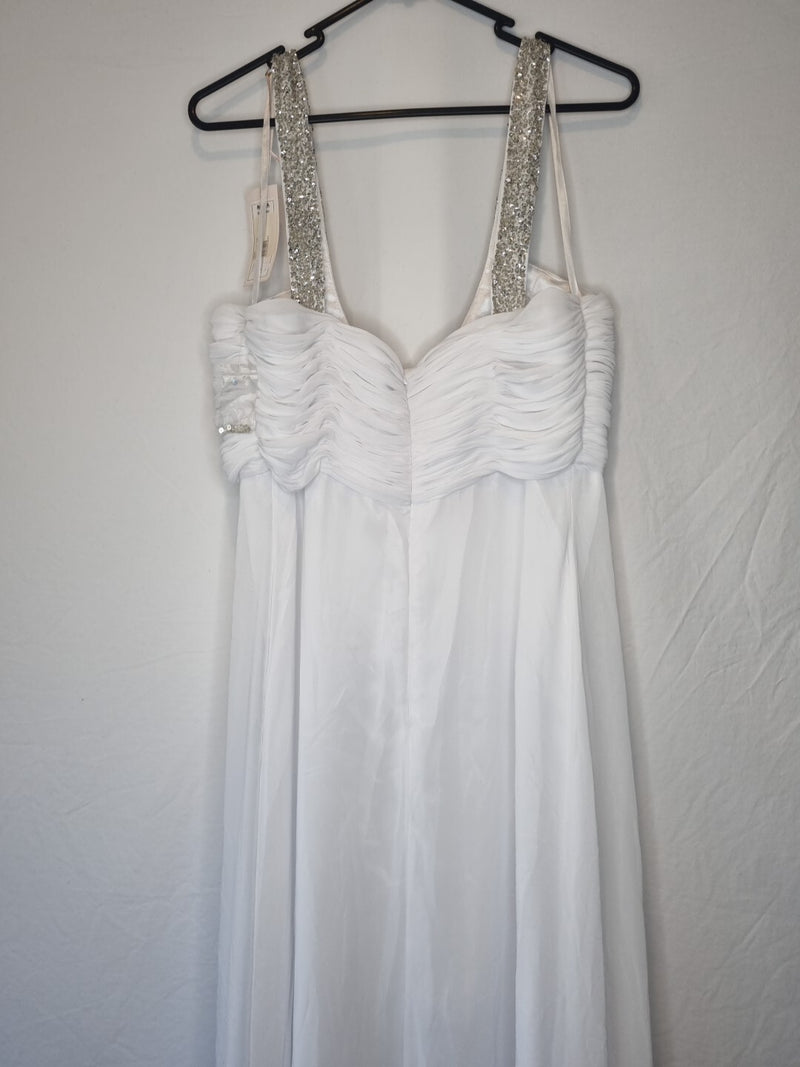Imoda White Chiffon Ruched Beaded Scoop Neck Empire Wedding Dress Sz 129