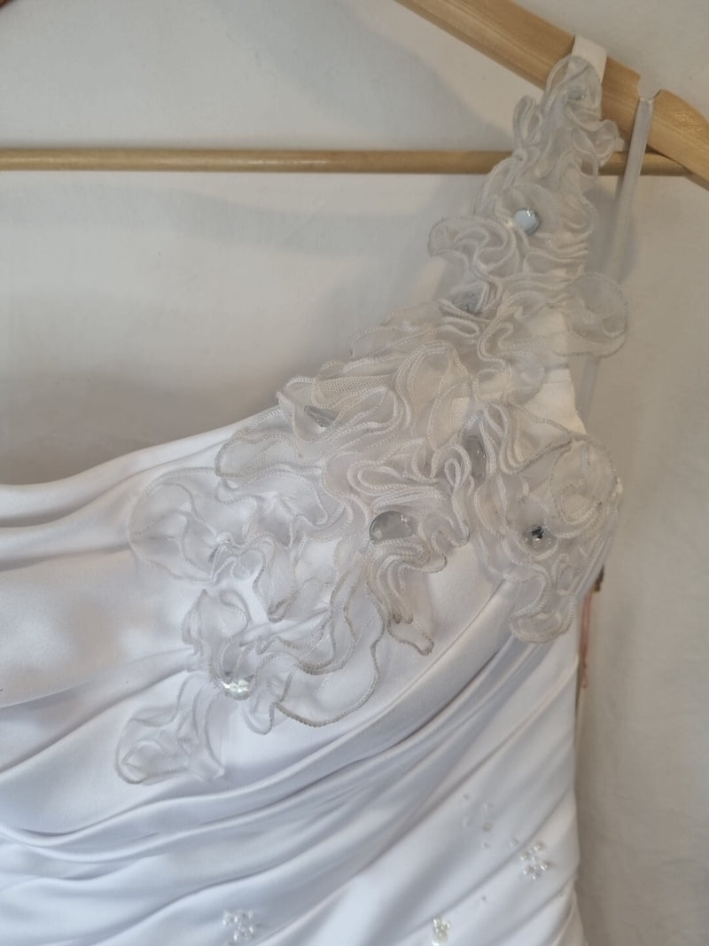 iModa White Satin A-line Beaded Sequin Pleated One Shoulder Wedding Dress Sz 104