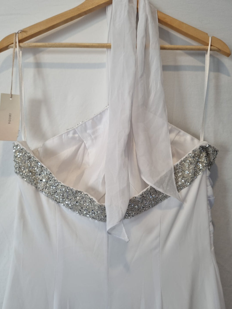 Imoda White Chiffon Beaded Ruch Halter Neck Empire Wedding Dress Sz 1211