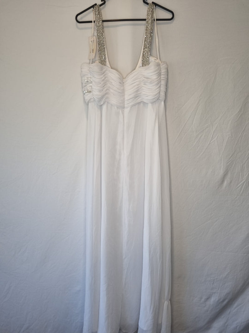 Imoda White Chiffon Ruched Beaded Scoop Neck Empire Wedding Dress Sz 108