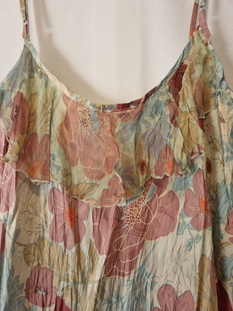 Imoda Pink Blue Beige Floral Ruffle Lace Layered Casual Singlet Silk Top Size M9