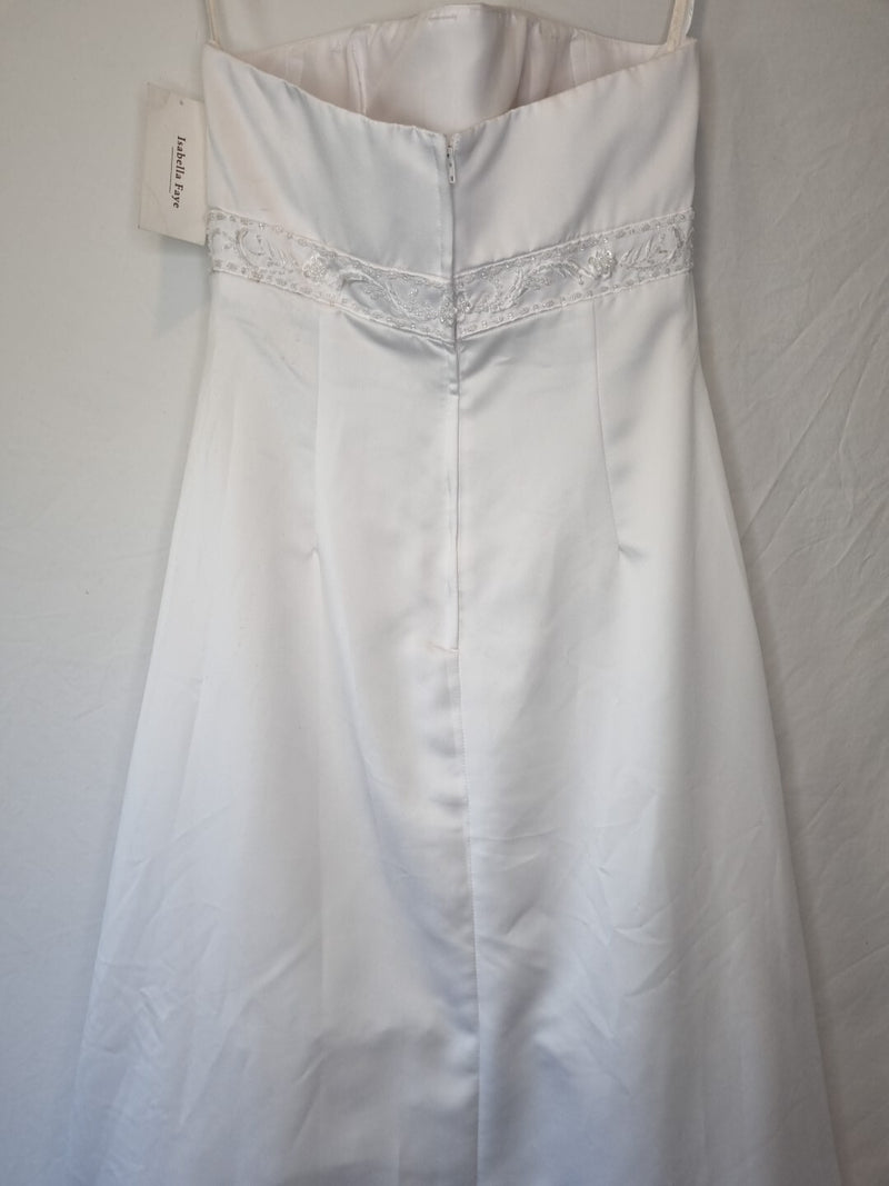 Isabella Faye White Satin Embellished Beaded A-line Wedding Dress Sz 1410