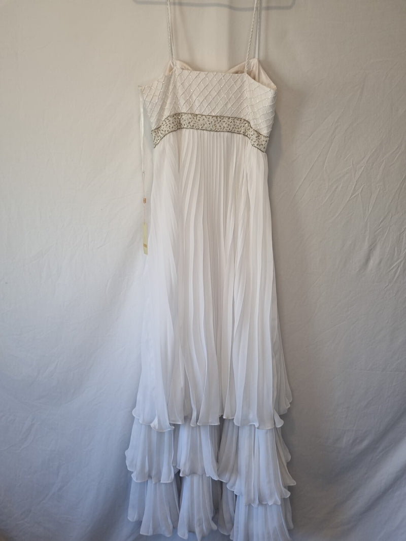 Imoda White Chiffon Pleated Beaded Tiered Strapped Wedding Dress Sz 148