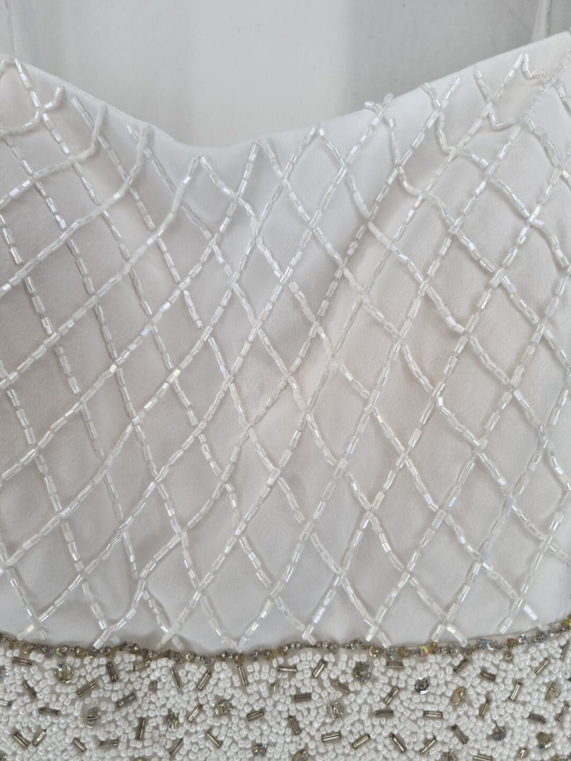 Imoda White Chiffon Pleated Beaded Tiered Strapped Wedding Dress Sz 107