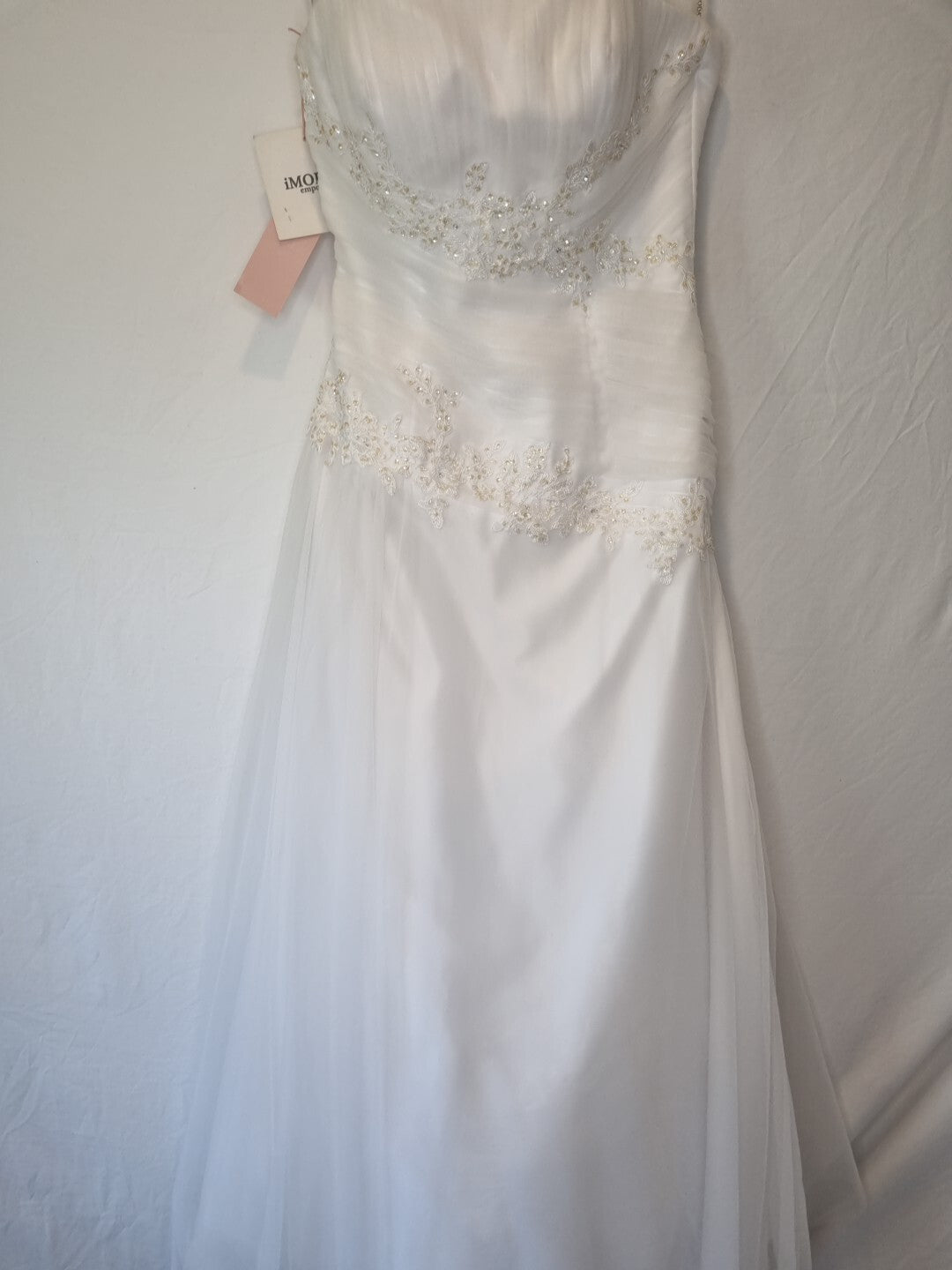Imoda White Satin Tulle Beaded Applique Ruched Wedding Dress Sz 125