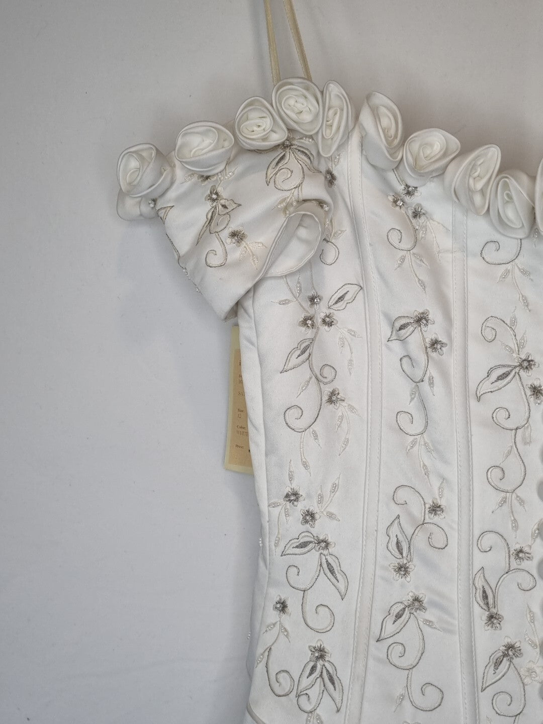 Imoda White Satin Corset Off Shoulder Beaded Roses Train Wedding Dress Sz 1213