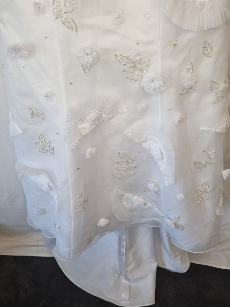Isabella Faye White Organza Fan Embellished Beaded Train Wedding Dress Sz 122