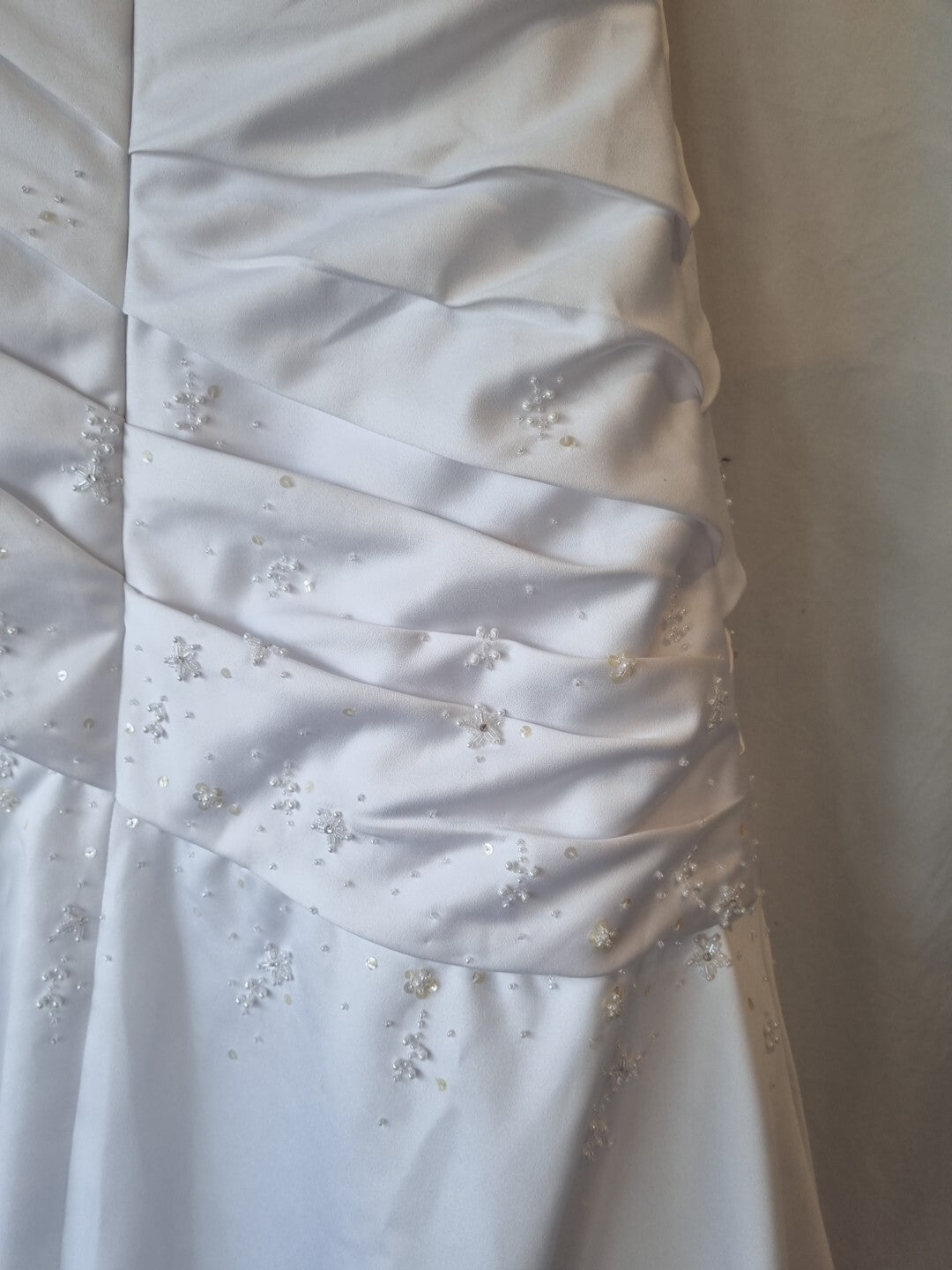 iModa White Satin A-line Beaded Sequin Pleated One Shoulder Wedding Dress Sz 1013