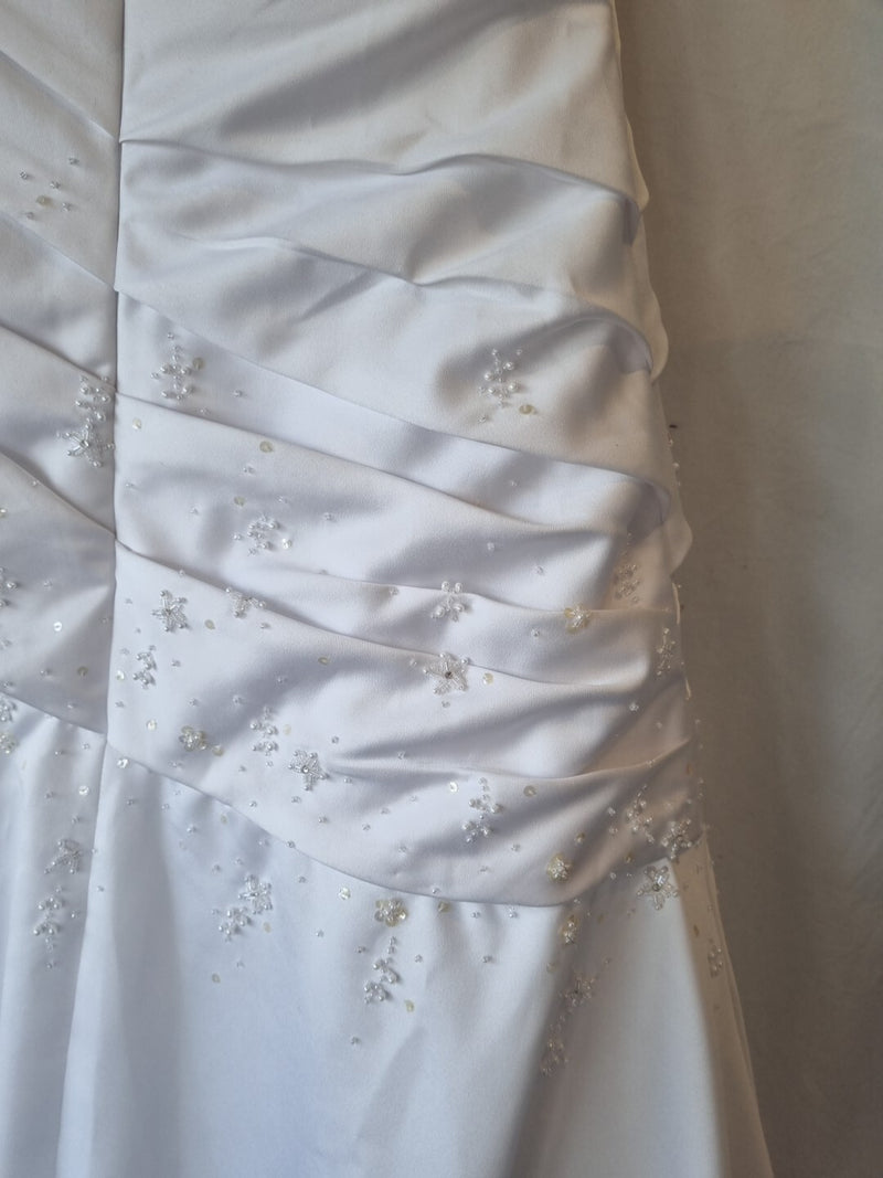 iModa White Satin A-line Beaded Sequin Pleated One Shoulder Wedding Dress Sz 1013