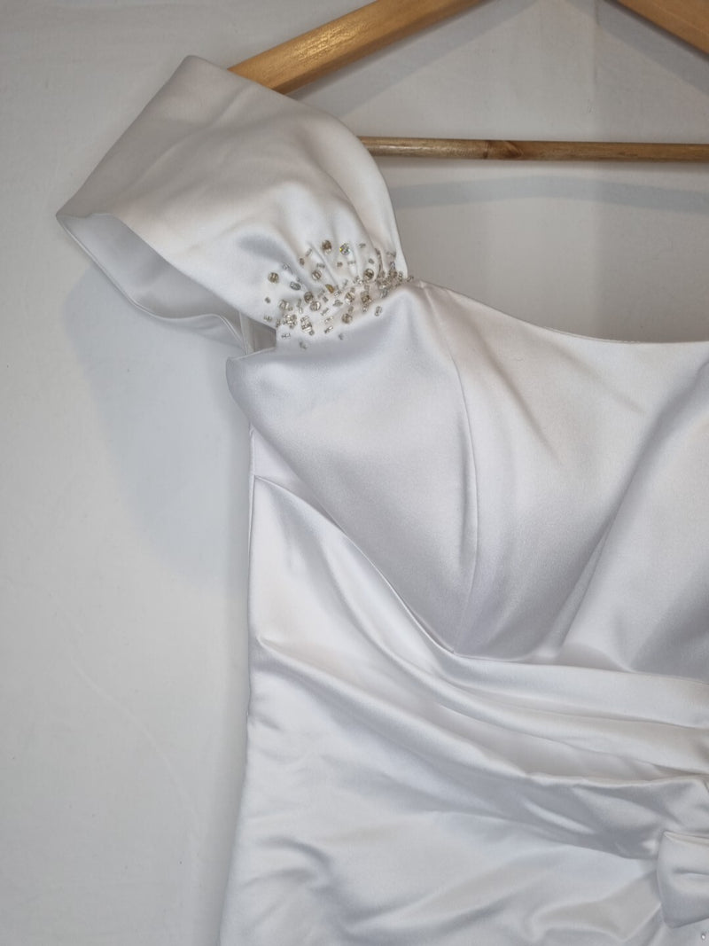 Imoda White Satin Off Shoulder Beaded Ruched Wedding Dress Sz 104