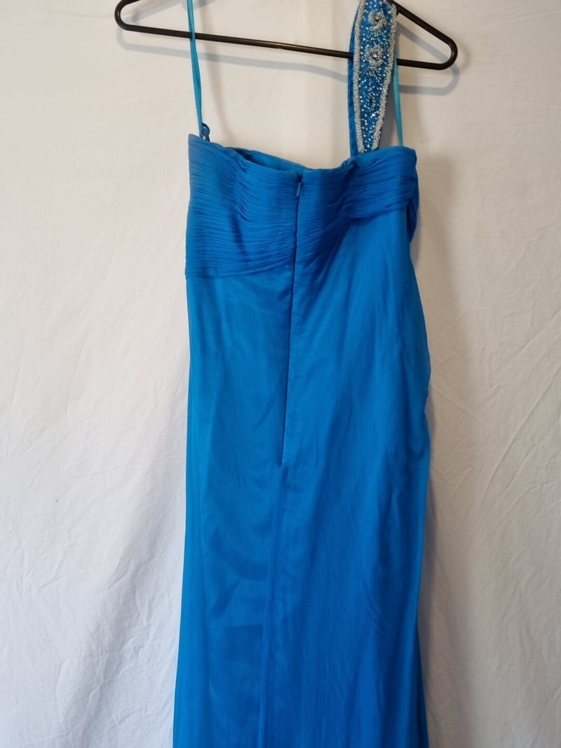 Imoda Chiffon Blue Ruched Beaded One Shoulder Evening Bridesmaid Silk Dress Sz1012
