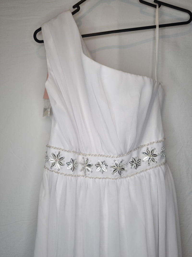 Imoda White Chiffon Gathered Beaded One Shoulder Empire Wedding Dress Sz 127