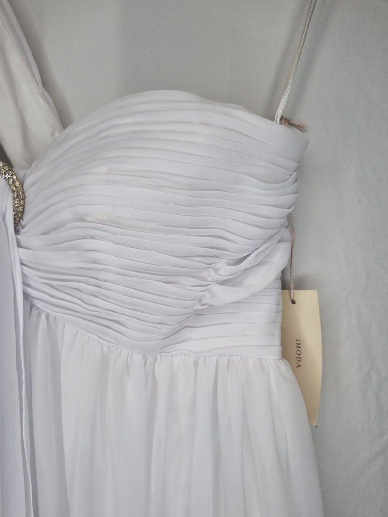 Imoda White Chiffon Ruched Crystal One Shoulder Empire Wedding Dress Sz 125