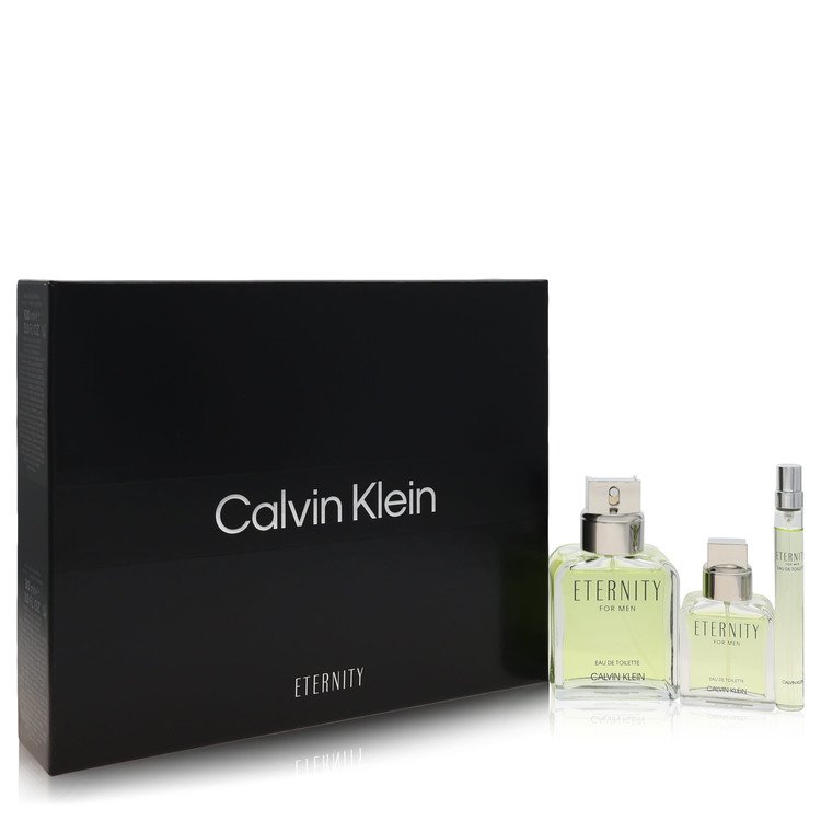 Eternity by Calvin Klein Gift Set -- 3.3 oz Eau De Toilette Spray + 1 oz Eau De Toilette Spray + 0.33 Eau De Toilette Spray for Men