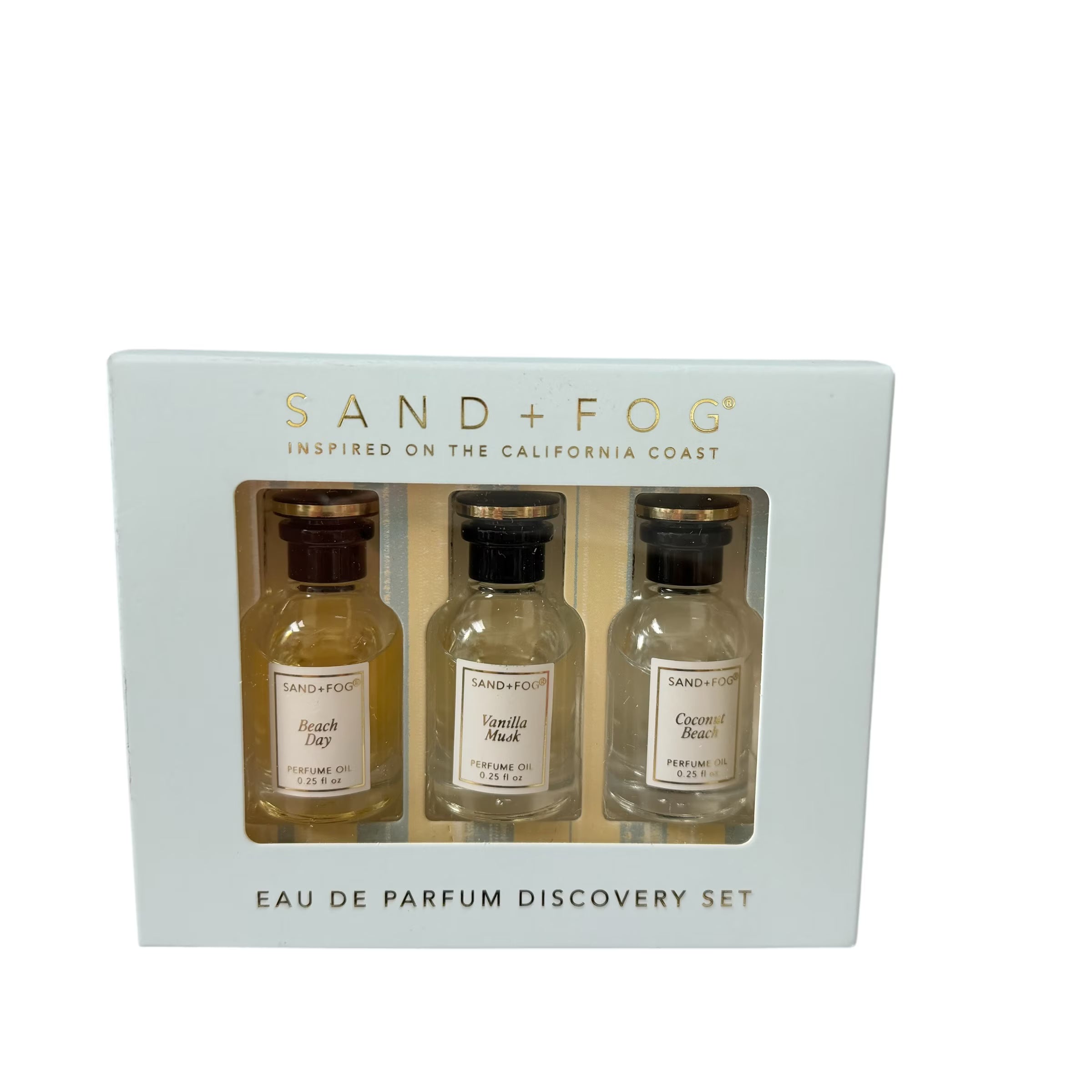 Sand + Fog Eau De Parfum Oil 5 x 7.5ml Beach Day, Vanilla Musk, Coconut Beach