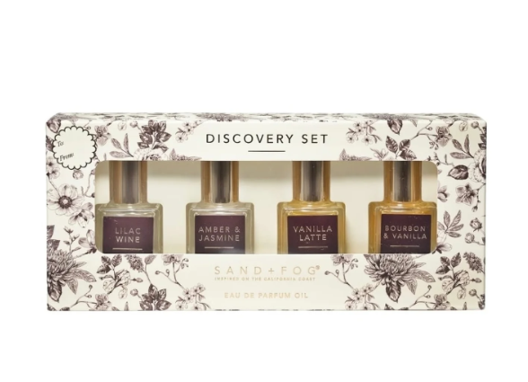 Sand + Fog Eau De Parfum Oil Discovery Set 4 x 10ml Amber &  Jasmine, Vanilla Latte, Lilac Wine, Bourbon & Vanilla