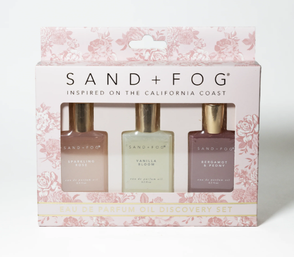 Sand + Fog Eau De Parfum Oil Discovery Set 3 x 15ml Sparkling Rose, Vanilla Bloom, Bergamot & Peony