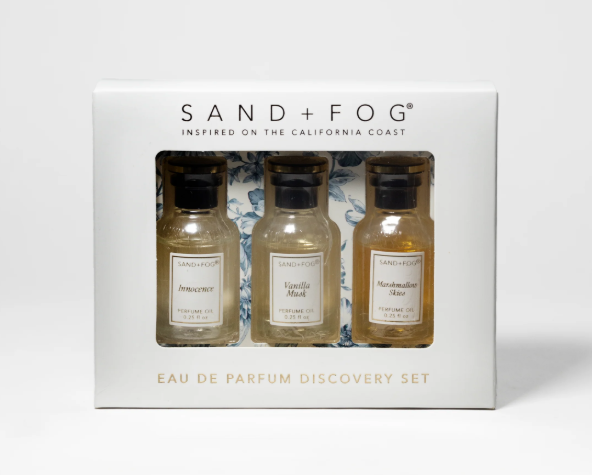 Sand + Fog Eau De Parfum Oil 3 x 7.5ml Exploratory Sweet Skies Discovery Set Innocence, Vanilla Musk, Marshmallow Skies