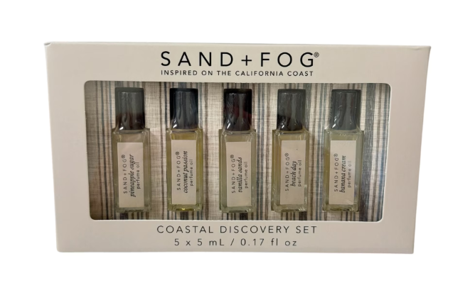 Sand + Fog Eau De Parfum Oil Rollerball Set 5 x 5ml Pineapple Sugar, Coconut Passion, Vanilla Sands, Beach Day, Banana Cream