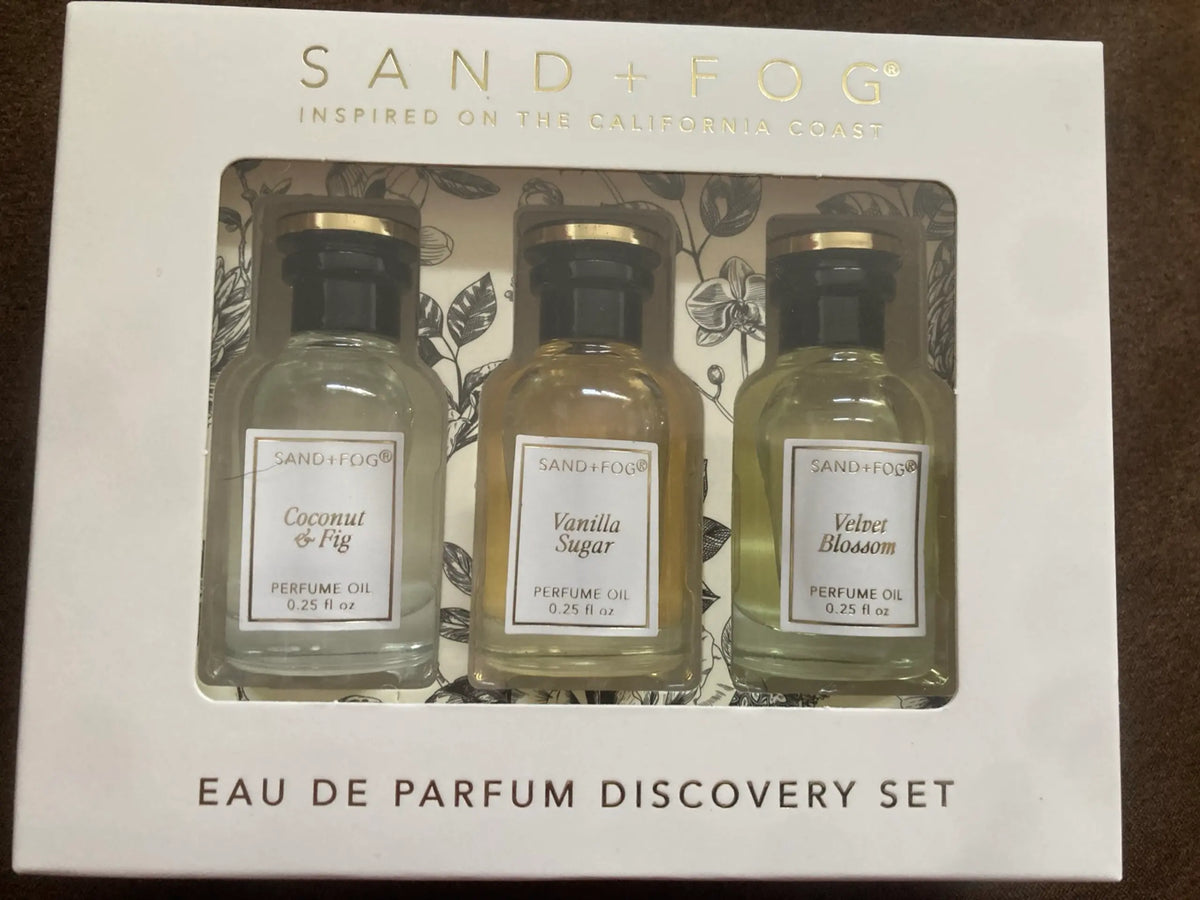 Sand + Fog Eau De Parfum Oil Discovery Set 3 x 7.5ml Coconut & Fig, Vanilla Sugar, Velvet Blossom
