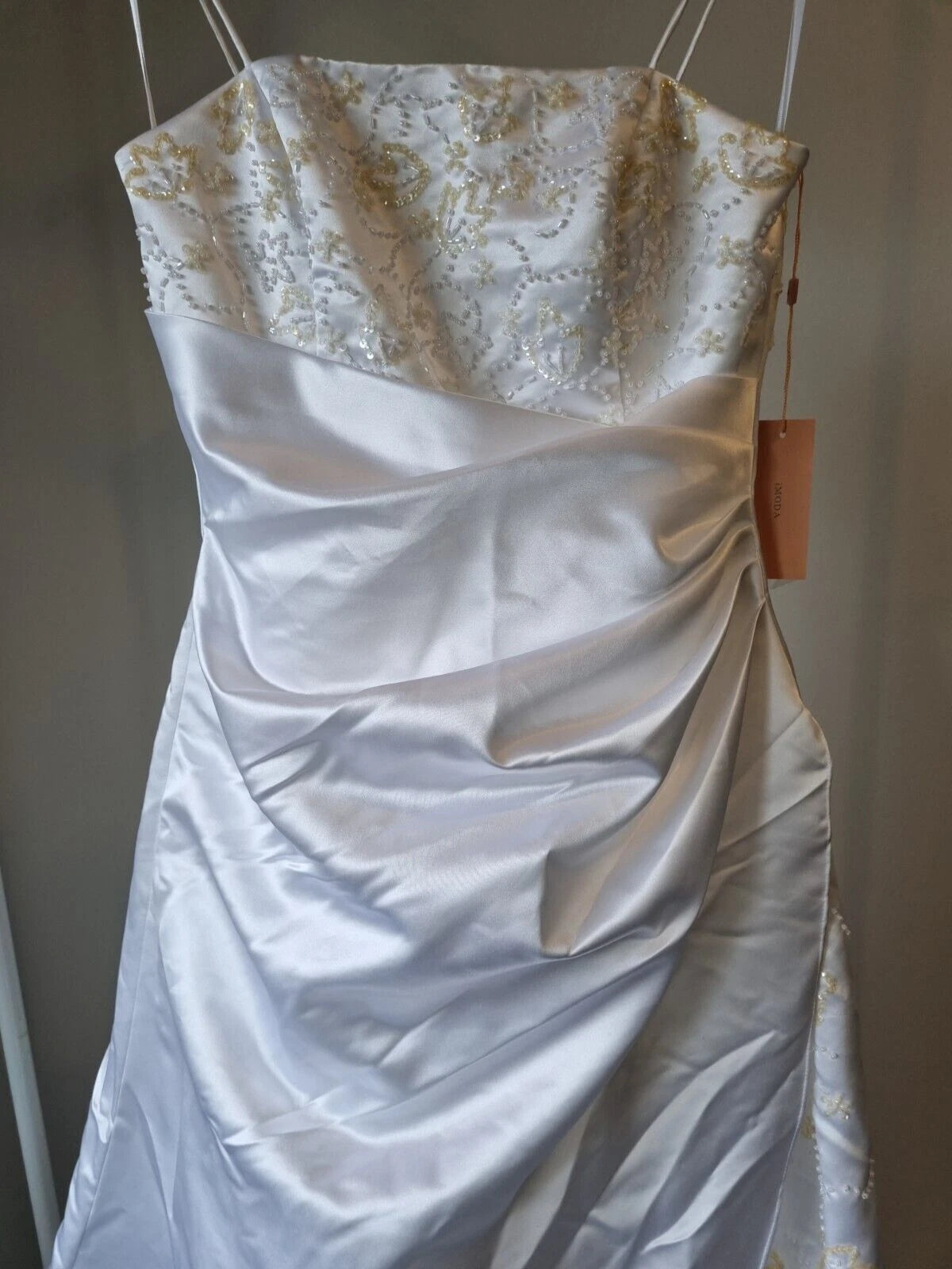 iModa White Satin Sequin Beaded Pleated Strap Wedding Deb Dress Size 12