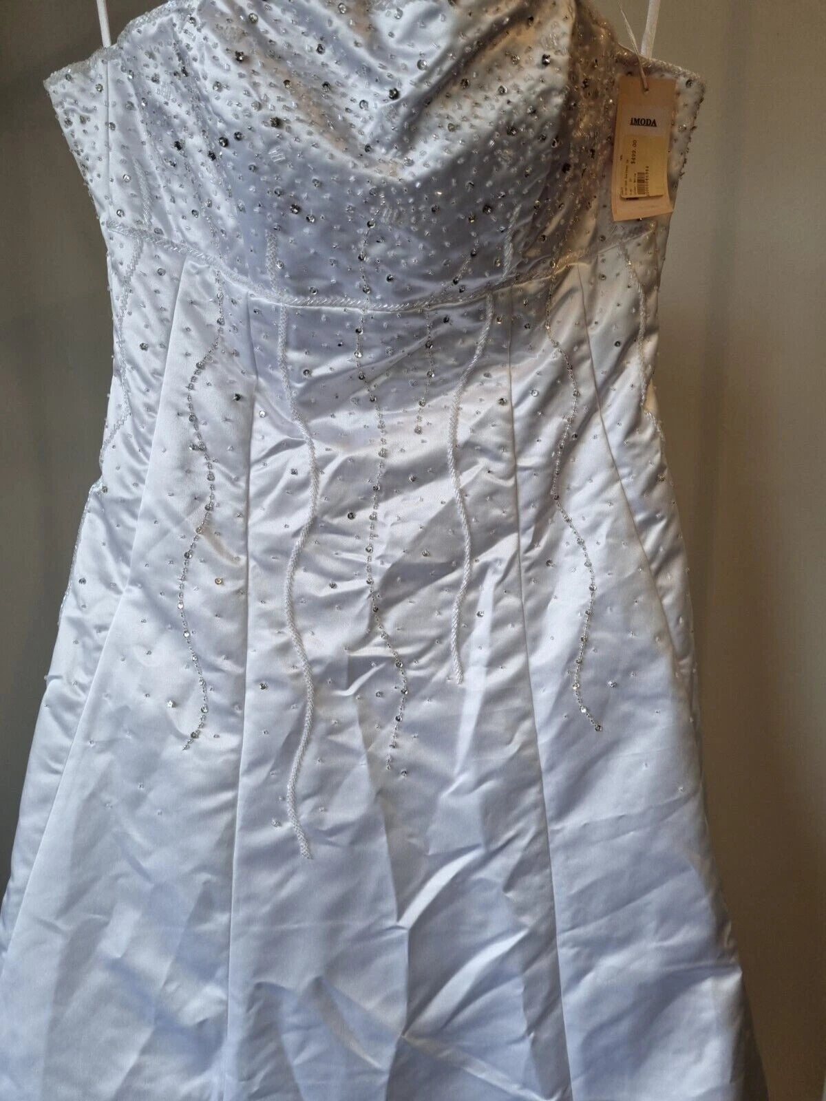 iModa White Strapless Satin Beaded Diamante A-line Deb Wedding Dress Size 10