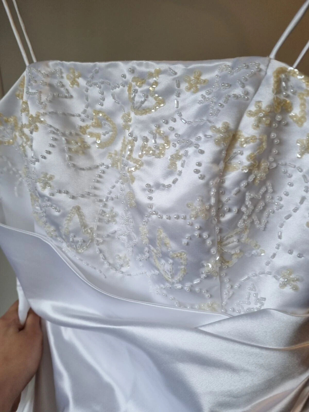 iModa White Satin Sequin Beaded Pleated Strap Wedding Deb Dress Size 6